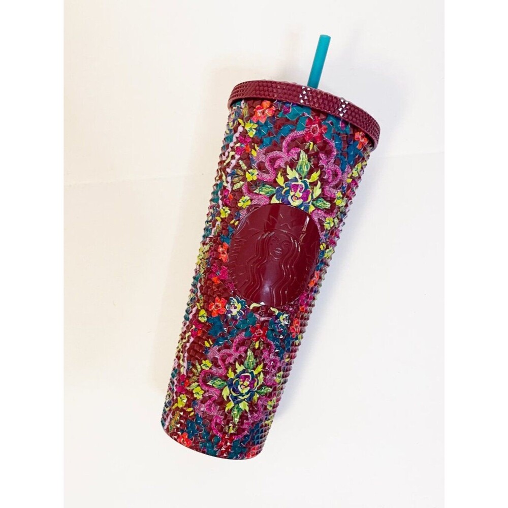 Starbucks Studded Floral Tumbler Burgundy Pink Venti Cold Cup with Straw Boho